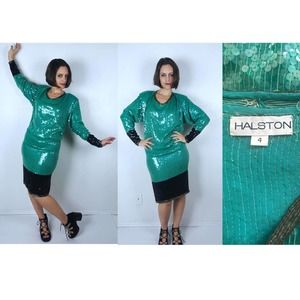 vintage 70s Jade Green HALSTON Sequined COCKTAIL DRESS Small/4 designer party